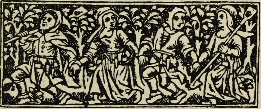 An illustration from Biblia pauperum, conteynynge thirty and eight wodecuttes illustrating the liif, parablis, and miraclis offe oure blessid Lord & Saviour Jhesus Crist, with the proper descrypciouns therof extracted fro the originall texte offe Iohn Wiclif.., 1885, leaf 44