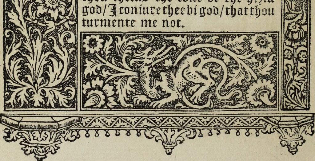 An illustration from Biblia pauperum, conteynynge thirty and eight wodecuttes illustrating the liif, parablis, and miraclis offe oure blessid Lord & Saviour Jhesus Crist, with the proper descrypciouns therof extracted fro the originall texte offe Iohn Wiclif.., 1885, leaf 45
