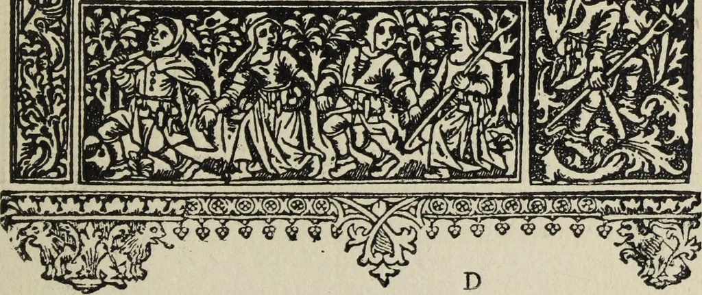 An illustration from Biblia pauperum, conteynynge thirty and eight wodecuttes illustrating the liif, parablis, and miraclis offe oure blessid Lord & Saviour Jhesus Crist, with the proper descrypciouns therof extracted fro the originall texte offe Iohn Wiclif.., 1885, leaf 48
