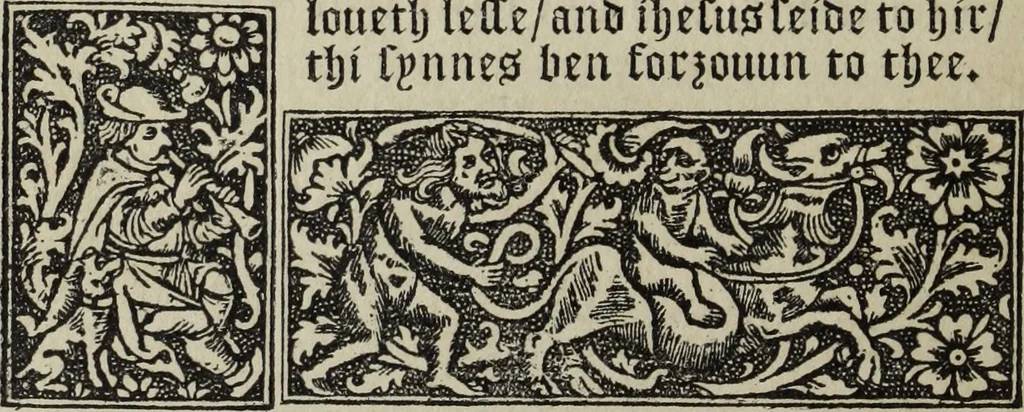 An illustration from Biblia pauperum, conteynynge thirty and eight wodecuttes illustrating the liif, parablis, and miraclis offe oure blessid Lord & Saviour Jhesus Crist, with the proper descrypciouns therof extracted fro the originall texte offe Iohn Wiclif.., 1885, leaf 49