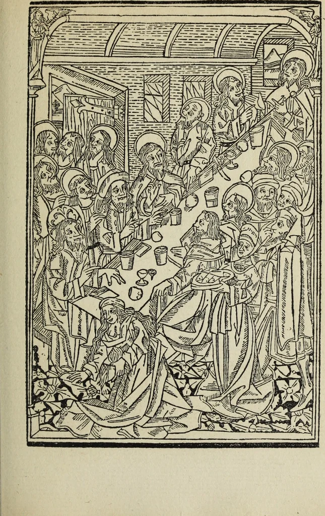 An illustration from Biblia pauperum, conteynynge thirty and eight wodecuttes illustrating the liif, parablis, and miraclis offe oure blessid Lord & Saviour Jhesus Crist, with the proper descrypciouns therof extracted fro the originall texte offe Iohn Wiclif.., 1885, leaf 50