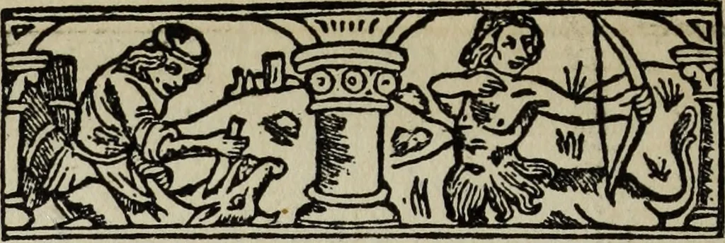 An illustration from Biblia pauperum, conteynynge thirty and eight wodecuttes illustrating the liif, parablis, and miraclis offe oure blessid Lord & Saviour Jhesus Crist, with the proper descrypciouns therof extracted fro the originall texte offe Iohn Wiclif.., 1885, leaf 53