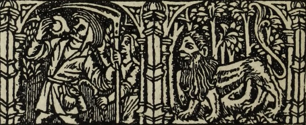 An illustration from Biblia pauperum, conteynynge thirty and eight wodecuttes illustrating the liif, parablis, and miraclis offe oure blessid Lord & Saviour Jhesus Crist, with the proper descrypciouns therof extracted fro the originall texte offe Iohn Wiclif.., 1885, leaf 61