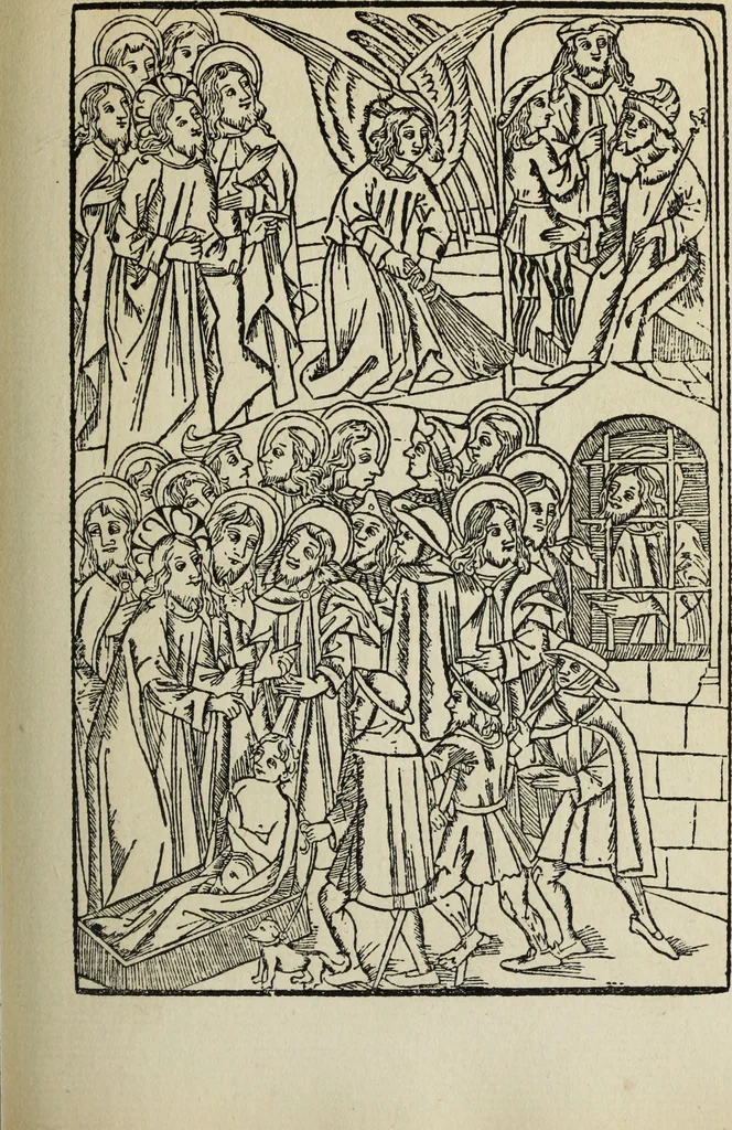 An illustration from Biblia pauperum, conteynynge thirty and eight wodecuttes illustrating the liif, parablis, and miraclis offe oure blessid Lord & Saviour Jhesus Crist, with the proper descrypciouns therof extracted fro the originall texte offe Iohn Wiclif.., 1885, leaf 62