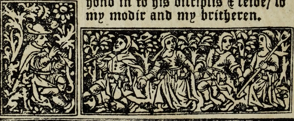 An illustration from Biblia pauperum, conteynynge thirty and eight wodecuttes illustrating the liif, parablis, and miraclis offe oure blessid Lord & Saviour Jhesus Crist, with the proper descrypciouns therof extracted fro the originall texte offe Iohn Wiclif.., 1885, leaf 65