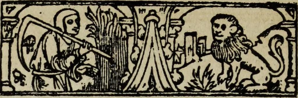 An illustration from Biblia pauperum, conteynynge thirty and eight wodecuttes illustrating the liif, parablis, and miraclis offe oure blessid Lord & Saviour Jhesus Crist, with the proper descrypciouns therof extracted fro the originall texte offe Iohn Wiclif.., 1885, leaf 65