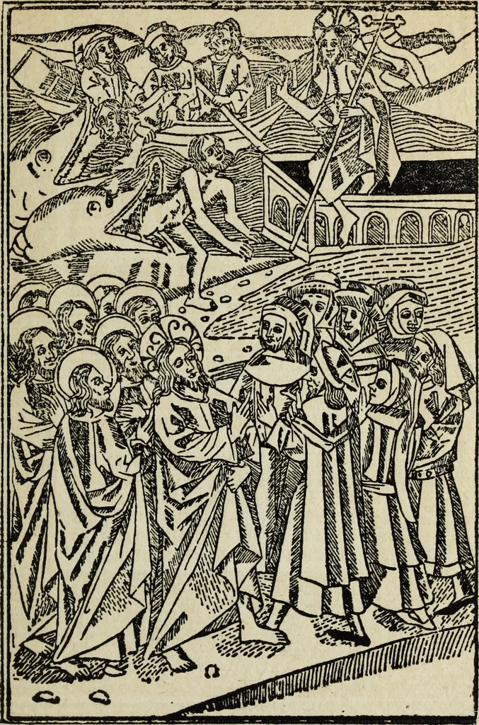 An illustration from Biblia pauperum, conteynynge thirty and eight wodecuttes illustrating the liif, parablis, and miraclis offe oure blessid Lord & Saviour Jhesus Crist, with the proper descrypciouns therof extracted fro the originall texte offe Iohn Wiclif.., 1885, leaf 66