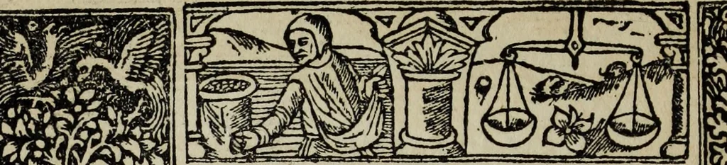 An illustration from Biblia pauperum, conteynynge thirty and eight wodecuttes illustrating the liif, parablis, and miraclis offe oure blessid Lord & Saviour Jhesus Crist, with the proper descrypciouns therof extracted fro the originall texte offe Iohn Wiclif.., 1885, leaf 69