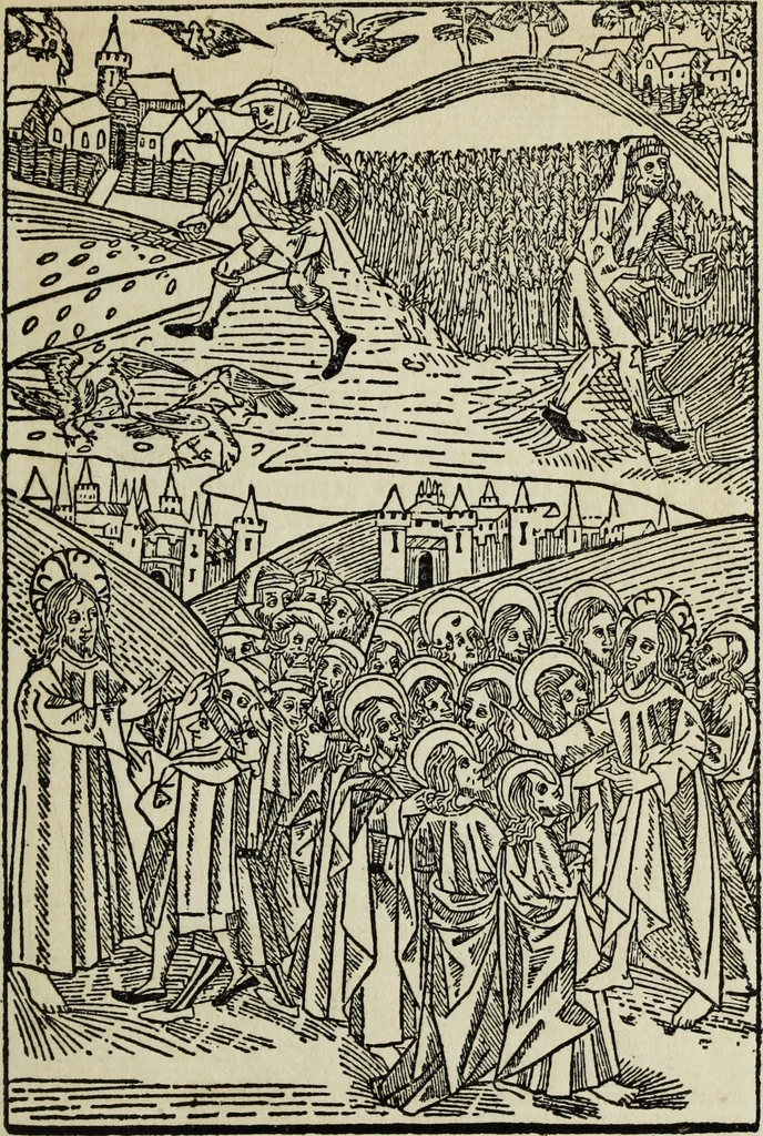 An illustration from Biblia pauperum, conteynynge thirty and eight wodecuttes illustrating the liif, parablis, and miraclis offe oure blessid Lord & Saviour Jhesus Crist, with the proper descrypciouns therof extracted fro the originall texte offe Iohn Wiclif.., 1885, leaf 70