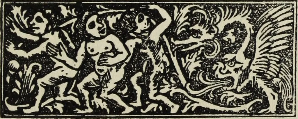 An illustration from Biblia pauperum, conteynynge thirty and eight wodecuttes illustrating the liif, parablis, and miraclis offe oure blessid Lord & Saviour Jhesus Crist, with the proper descrypciouns therof extracted fro the originall texte offe Iohn Wiclif.., 1885, leaf 72