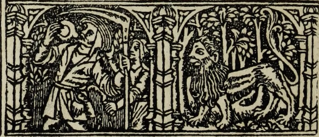 An illustration from Biblia pauperum, conteynynge thirty and eight wodecuttes illustrating the liif, parablis, and miraclis offe oure blessid Lord & Saviour Jhesus Crist, with the proper descrypciouns therof extracted fro the originall texte offe Iohn Wiclif.., 1885, leaf 73