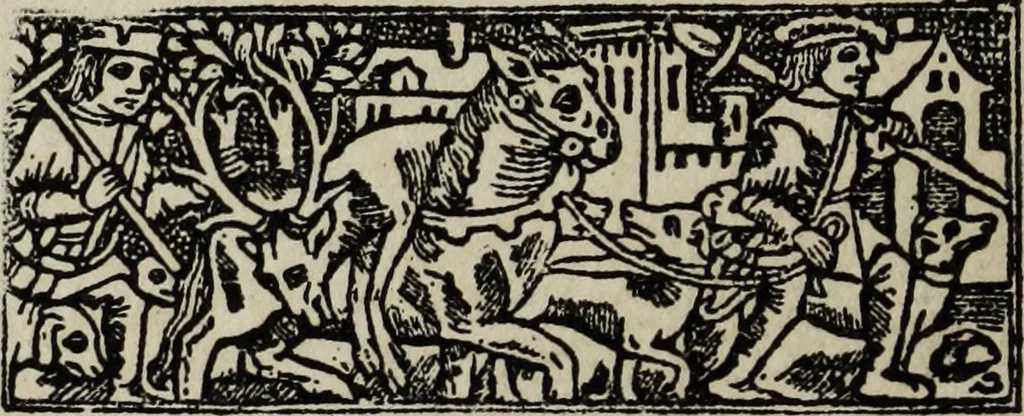 An illustration from Biblia pauperum, conteynynge thirty and eight wodecuttes illustrating the liif, parablis, and miraclis offe oure blessid Lord & Saviour Jhesus Crist, with the proper descrypciouns therof extracted fro the originall texte offe Iohn Wiclif.., 1885, leaf 77