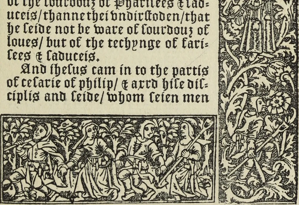 An illustration from Biblia pauperum, conteynynge thirty and eight wodecuttes illustrating the liif, parablis, and miraclis offe oure blessid Lord & Saviour Jhesus Crist, with the proper descrypciouns therof extracted fro the originall texte offe Iohn Wiclif.., 1885, leaf 80