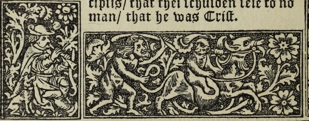 An illustration from Biblia pauperum, conteynynge thirty and eight wodecuttes illustrating the liif, parablis, and miraclis offe oure blessid Lord & Saviour Jhesus Crist, with the proper descrypciouns therof extracted fro the originall texte offe Iohn Wiclif.., 1885, leaf 81