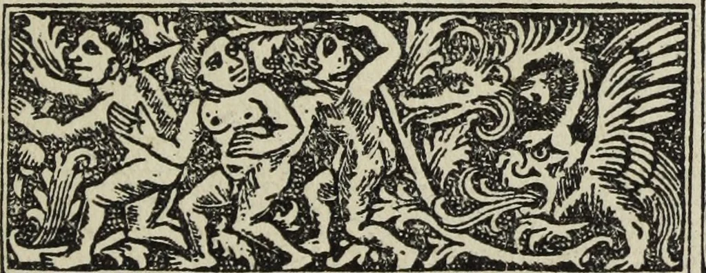 An illustration from Biblia pauperum, conteynynge thirty and eight wodecuttes illustrating the liif, parablis, and miraclis offe oure blessid Lord & Saviour Jhesus Crist, with the proper descrypciouns therof extracted fro the originall texte offe Iohn Wiclif.., 1885, leaf 84