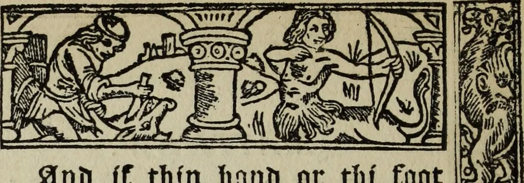 An illustration from Biblia pauperum, conteynynge thirty and eight wodecuttes illustrating the liif, parablis, and miraclis offe oure blessid Lord & Saviour Jhesus Crist, with the proper descrypciouns therof extracted fro the originall texte offe Iohn Wiclif.., 1885, leaf 85