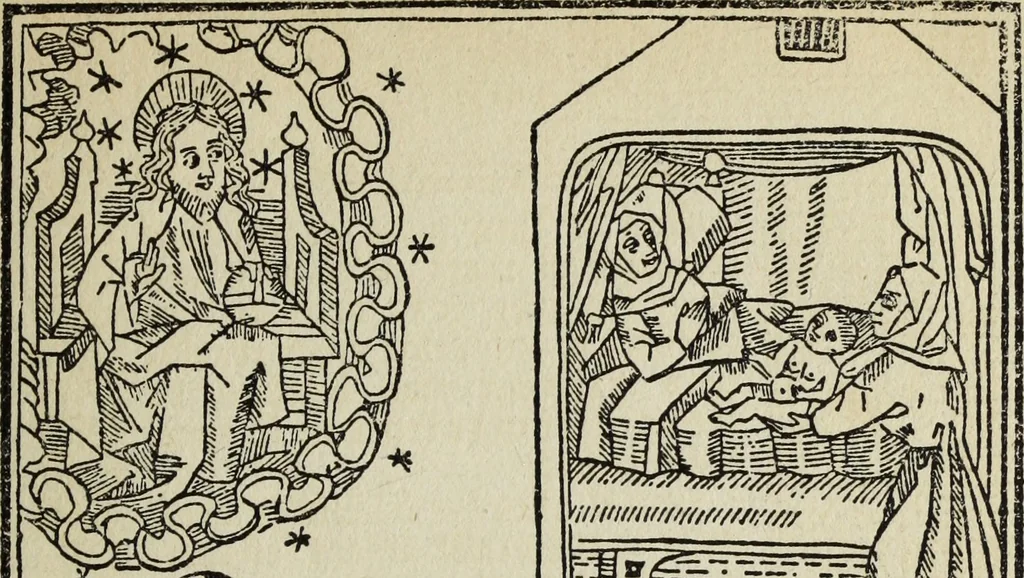An illustration from Biblia pauperum, conteynynge thirty and eight wodecuttes illustrating the liif, parablis, and miraclis offe oure blessid Lord & Saviour Jhesus Crist, with the proper descrypciouns therof extracted fro the originall texte offe Iohn Wiclif.., 1885, leaf 86