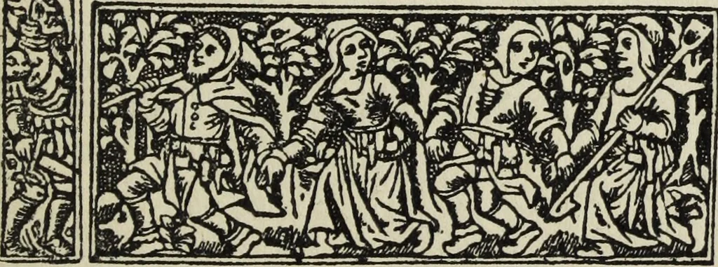 An illustration from Biblia pauperum, conteynynge thirty and eight wodecuttes illustrating the liif, parablis, and miraclis offe oure blessid Lord & Saviour Jhesus Crist, with the proper descrypciouns therof extracted fro the originall texte offe Iohn Wiclif.., 1885, leaf 92