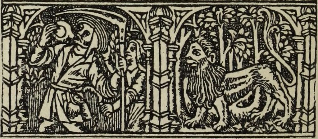 An illustration from Biblia pauperum, conteynynge thirty and eight wodecuttes illustrating the liif, parablis, and miraclis offe oure blessid Lord & Saviour Jhesus Crist, with the proper descrypciouns therof extracted fro the originall texte offe Iohn Wiclif.., 1885, leaf 93