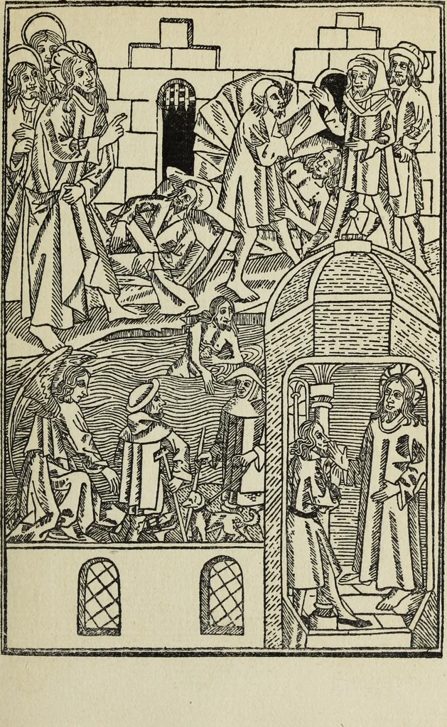 An illustration from Biblia pauperum, conteynynge thirty and eight wodecuttes illustrating the liif, parablis, and miraclis offe oure blessid Lord & Saviour Jhesus Crist, with the proper descrypciouns therof extracted fro the originall texte offe Iohn Wiclif.., 1885, leaf 94