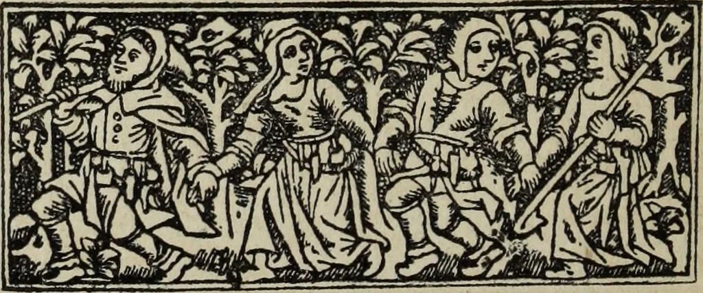 An illustration from Biblia pauperum, conteynynge thirty and eight wodecuttes illustrating the liif, parablis, and miraclis offe oure blessid Lord & Saviour Jhesus Crist, with the proper descrypciouns therof extracted fro the originall texte offe Iohn Wiclif.., 1885, leaf 97