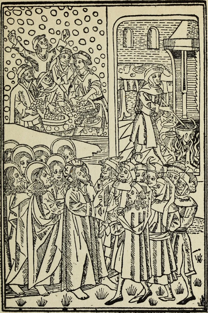 An illustration from Biblia pauperum, conteynynge thirty and eight wodecuttes illustrating the liif, parablis, and miraclis offe oure blessid Lord & Saviour Jhesus Crist, with the proper descrypciouns therof extracted fro the originall texte offe Iohn Wiclif.., 1885, leaf 98
