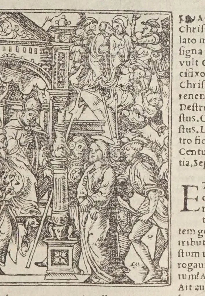 An illustration from Biblia pictvris illvstrata : breves in eadem annotationes, ex doctiss. interpretationibus, & Hebraeorum commentariis : interpretatio nominum Hebraicorum : index epistolarum & euangeliorum totius anni., 1540, leaf 1077