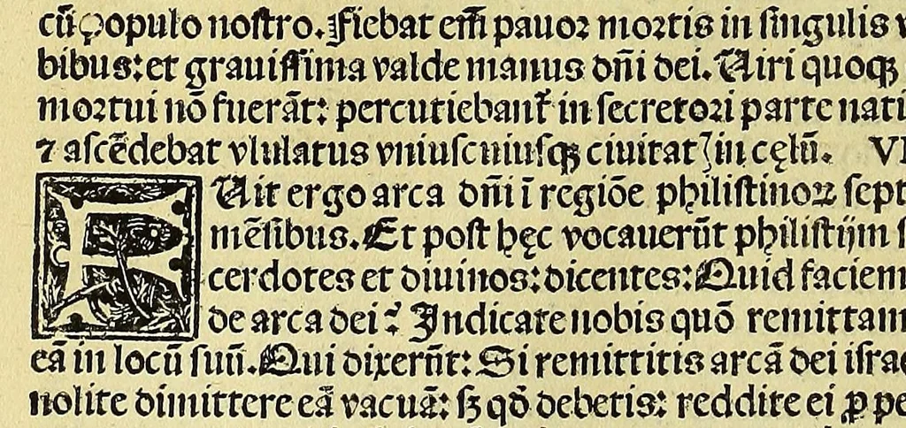 An illustration from Biblia sacra utriusq[ue] Testme[n]ti: : dilige[n]ter recognita [et] emendata, no[n] paucis locis: quae corrupta era[n]t:+ collatio[n]e hebraico[rum] voluminu[m] restitutis. Item in fronte libri ex Athanasio fragmentum de libris utriusq[ue] Testamenti, 1523, leaf 124