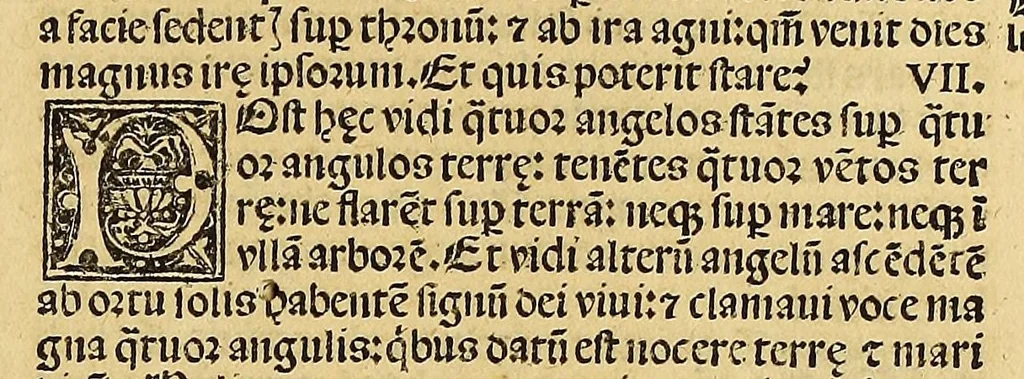 An illustration from Biblia sacra utriusq[ue] Testme[n]ti: : dilige[n]ter recognita [et] emendata, no[n] paucis locis: quae corrupta era[n]t:+ collatio[n]e hebraico[rum] voluminu[m] restitutis. Item in fronte libri ex Athanasio fragmentum de libris utriusq[ue] Testamenti, 1523, leaf 561