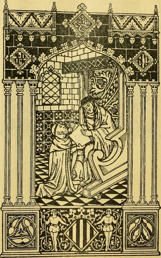 An illustration from Bibliografía de la lengua valenciana : o sea catálogo razonado por orden alfabético de autores de los libros, folletos, obras dramáticas, periódicos, coloquios, coplas, chistes, discursos, romances, alocuciones, cantares, gozes, etc., que escritos en lengua valenciana y bilingüe, han visto la luz pública desde el establecimiento de la imprenta en España hasta nuestros días, 1915, leaf 121