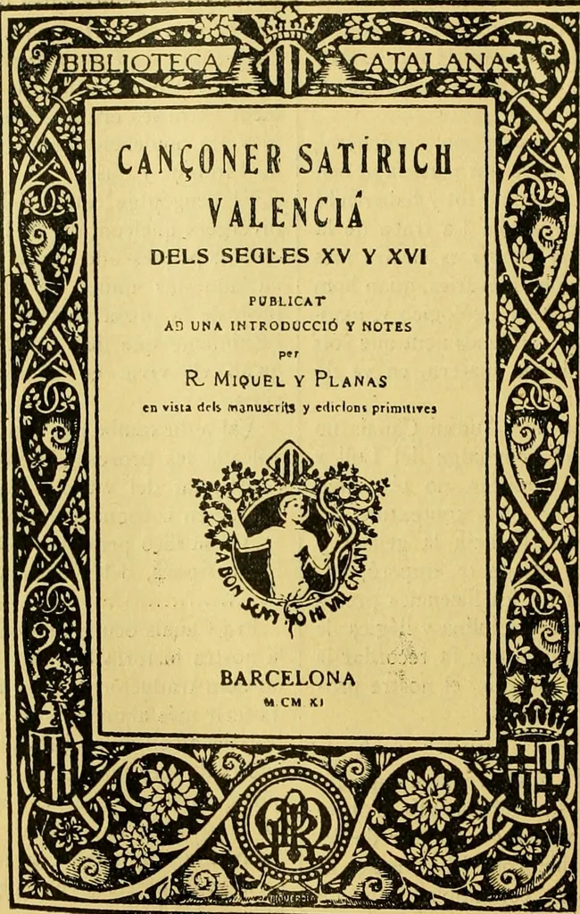 An illustration from Bibliografía de la lengua valenciana : o sea catálogo razonado por orden alfabético de autores de los libros, folletos, obras dramáticas, periódicos, coloquios, coplas, chistes, discursos, romances, alocuciones, cantares, gozes, etc., que escritos en lengua valenciana y bilingüe, han visto la luz pública desde el establecimiento de la imprenta en España hasta nuestros días, 1915, leaf 127