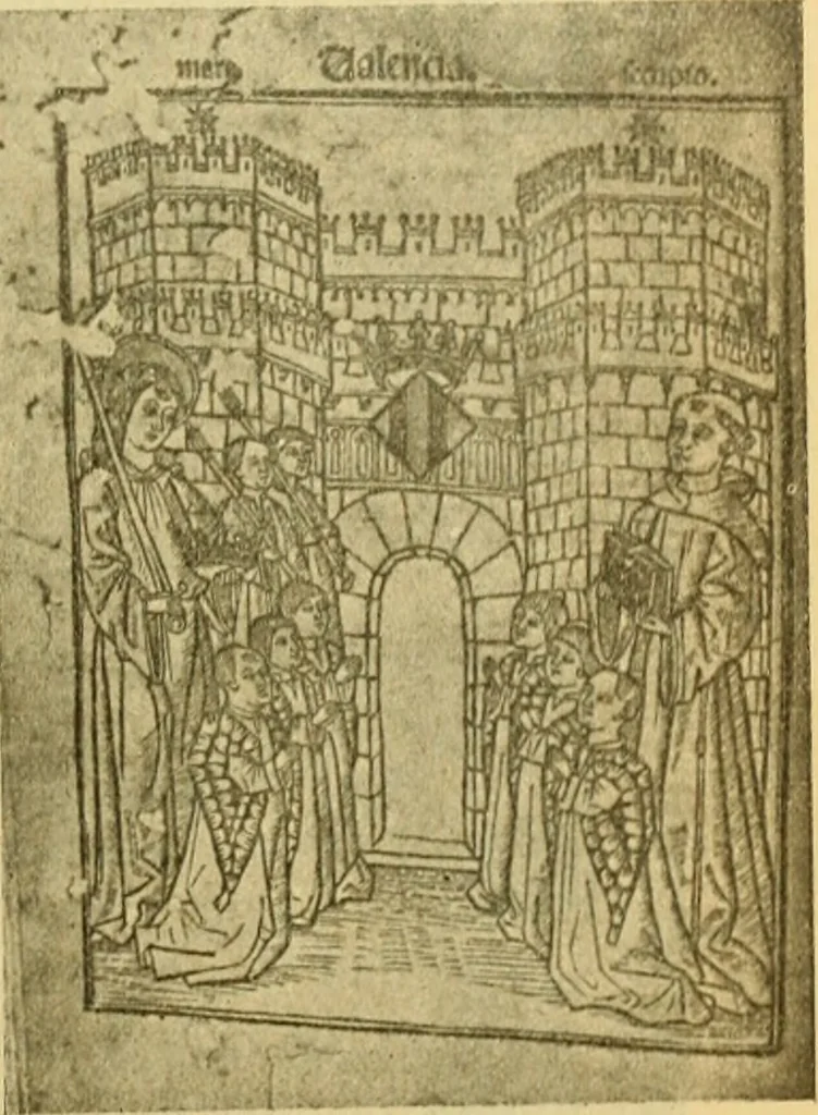 An illustration from Bibliografía de la lengua valenciana : o sea catálogo razonado por orden alfabético de autores de los libros, folletos, obras dramáticas, periódicos, coloquios, coplas, chistes, discursos, romances, alocuciones, cantares, gozes, etc., que escritos en lengua valenciana y bilingüe, han visto la luz pública desde el establecimiento de la imprenta en España hasta nuestros días, 1915, leaf 222