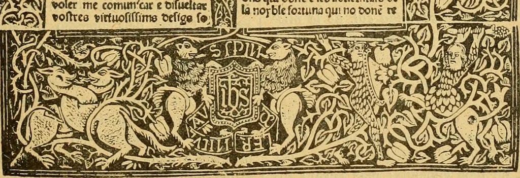 An illustration from Bibliografía de la lengua valenciana : o sea catálogo razonado por orden alfabético de autores de los libros, folletos, obras dramáticas, periódicos, coloquios, coplas, chistes, discursos, romances, alocuciones, cantares, gozes, etc., que escritos en lengua valenciana y bilingüe, han visto la luz pública desde el establecimiento de la imprenta en España hasta nuestros días, 1915, leaf 398