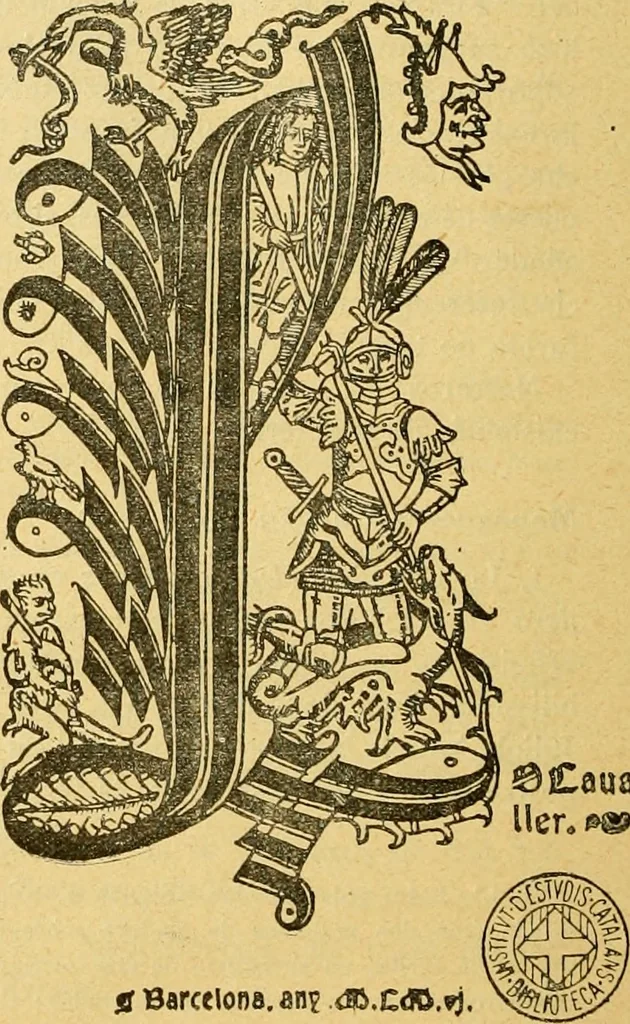 An illustration from Bibliografía de la lengua valenciana : o sea catálogo razonado por orden alfabético de autores de los libros, folletos, obras dramáticas, periódicos, coloquios, coplas, chistes, discursos, romances, alocuciones, cantares, gozes, etc., que escritos en lengua valenciana y bilingüe, han visto la luz pública desde el establecimiento de la imprenta en España hasta nuestros días, 1915, leaf 441