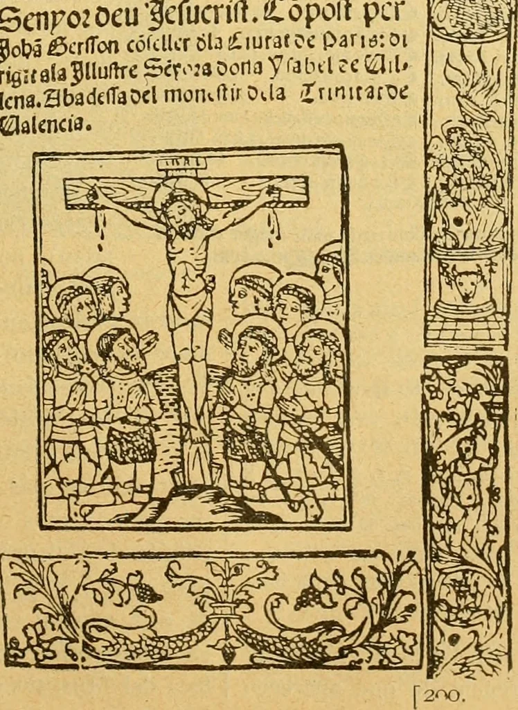 An illustration from Bibliografía de la lengua valenciana : o sea catálogo razonado por orden alfabético de autores de los libros, folletos, obras dramáticas, periódicos, coloquios, coplas, chistes, discursos, romances, alocuciones, cantares, gozes, etc., que escritos en lengua valenciana y bilingüe, han visto la luz pública desde el establecimiento de la imprenta en España hasta nuestros días, 1915, leaf 480