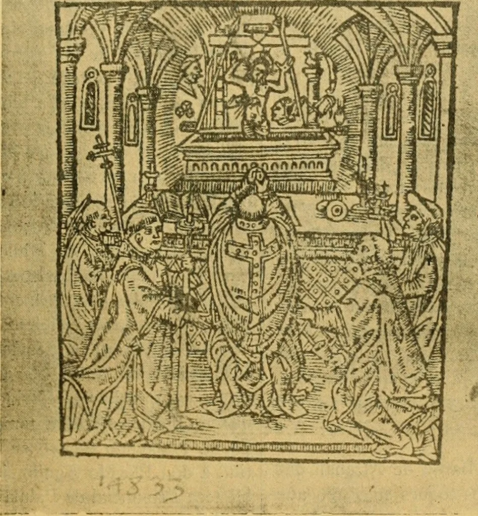 An illustration from Bibliografía de la lengua valenciana : o sea catálogo razonado por orden alfabético de autores de los libros, folletos, obras dramáticas, periódicos, coloquios, coplas, chistes, discursos, romances, alocuciones, cantares, gozes, etc., que escritos en lengua valenciana y bilingüe, han visto la luz pública desde el establecimiento de la imprenta en España hasta nuestros días, 1915, leaf 60