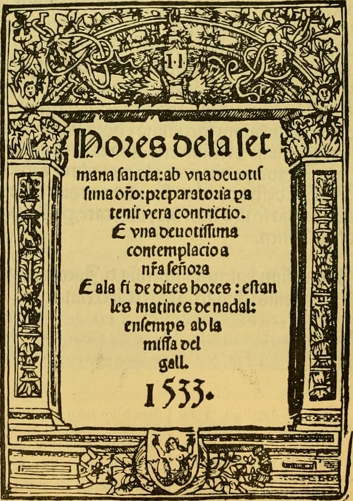 An illustration from Bibliografía de la lengua valenciana : o sea catálogo razonado por orden alfabético de autores de los libros, folletos, obras dramáticas, periódicos, coloquios, coplas, chistes, discursos, romances, alocuciones, cantares, gozes, etc., que escritos en lengua valenciana y bilingüe, han visto la luz pública desde el establecimiento de la imprenta en España hasta nuestros días, 1915, leaf 77