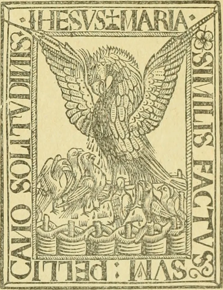An illustration from Bibliografía de la lengua valenciana : o sea catálogo razonado por orden alfabético de autores de los libros, folletos, obras dramáticas, periódicos, coloquios, coplas, chistes, discursos, romances, alocuciones, cantares, gozes, etc., que escritos en lengua valenciana y bilingüe, han visto la luz pública desde el establecimiento de la imprenta en España hasta nuestros días, 1915, leaf 23