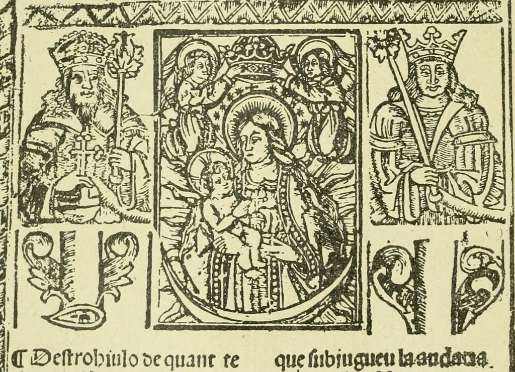 An illustration from Bibliografía de la lengua valenciana : o sea catálogo razonado por orden alfabético de autores de los libros, folletos, obras dramáticas, periódicos, coloquios, coplas, chistes, discursos, romances, alocuciones, cantares, gozes, etc., que escritos en lengua valenciana y bilingüe, han visto la luz pública desde el establecimiento de la imprenta en España hasta nuestros días, 1915, leaf 24