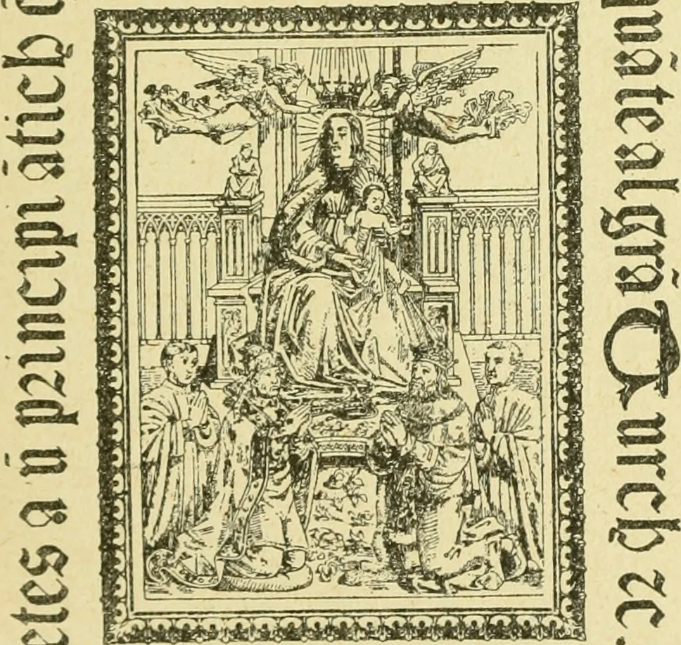 An illustration from Bibliografía de la lengua valenciana : o sea catálogo razonado por orden alfabético de autores de los libros, folletos, obras dramáticas, periódicos, coloquios, coplas, chistes, discursos, romances, alocuciones, cantares, gozes, etc., que escritos en lengua valenciana y bilingüe, han visto la luz pública desde el establecimiento de la imprenta en España hasta nuestros días, 1915, leaf 25