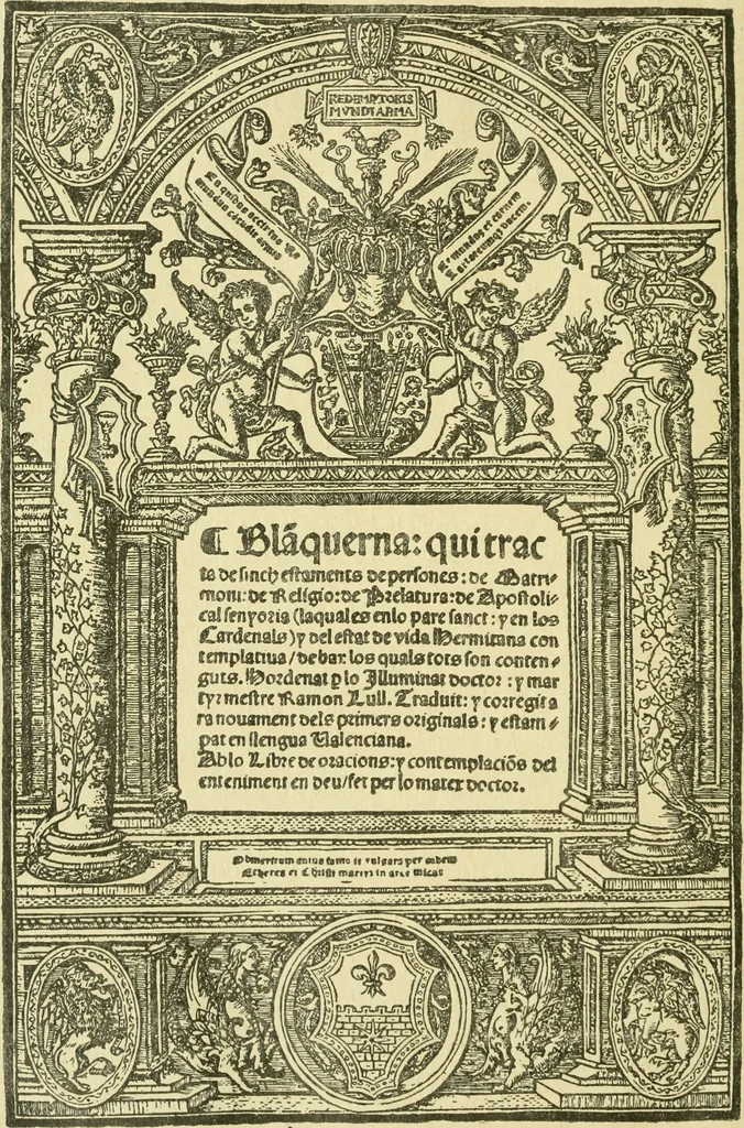 An illustration from Bibliografía de la lengua valenciana : o sea catálogo razonado por orden alfabético de autores de los libros, folletos, obras dramáticas, periódicos, coloquios, coplas, chistes, discursos, romances, alocuciones, cantares, gozes, etc., que escritos en lengua valenciana y bilingüe, han visto la luz pública desde el establecimiento de la imprenta en España hasta nuestros días, 1915, leaf 338