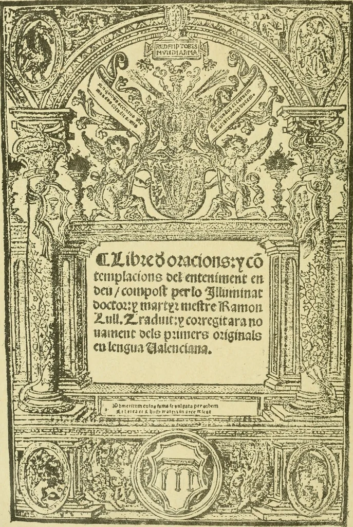 An illustration from Bibliografía de la lengua valenciana : o sea catálogo razonado por orden alfabético de autores de los libros, folletos, obras dramáticas, periódicos, coloquios, coplas, chistes, discursos, romances, alocuciones, cantares, gozes, etc., que escritos en lengua valenciana y bilingüe, han visto la luz pública desde el establecimiento de la imprenta en España hasta nuestros días, 1915, leaf 344