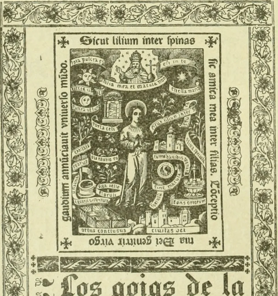 An illustration from Bibliografía de la lengua valenciana : o sea catálogo razonado por orden alfabético de autores de los libros, folletos, obras dramáticas, periódicos, coloquios, coplas, chistes, discursos, romances, alocuciones, cantares, gozes, etc., que escritos en lengua valenciana y bilingüe, han visto la luz pública desde el establecimiento de la imprenta en España hasta nuestros días, 1915, leaf 44