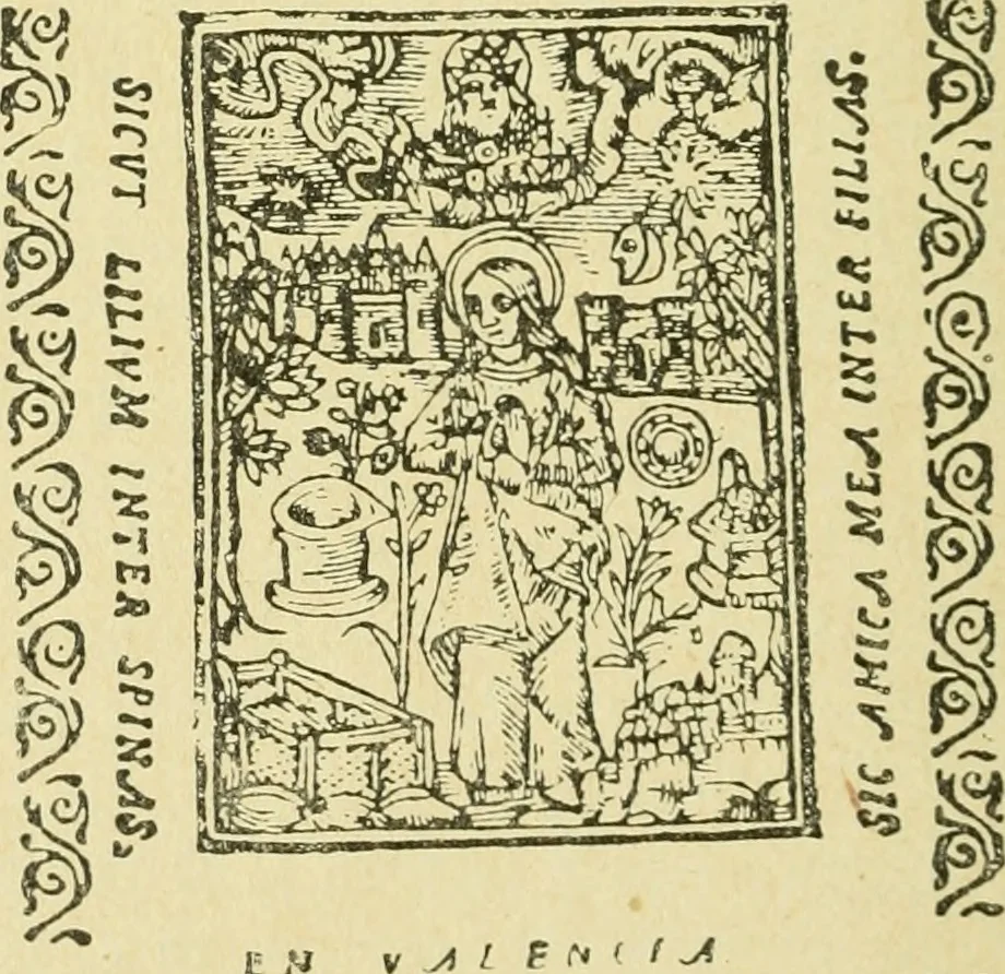 An illustration from Bibliografía de la lengua valenciana : o sea catálogo razonado por orden alfabético de autores de los libros, folletos, obras dramáticas, periódicos, coloquios, coplas, chistes, discursos, romances, alocuciones, cantares, gozes, etc., que escritos en lengua valenciana y bilingüe, han visto la luz pública desde el establecimiento de la imprenta en España hasta nuestros días, 1915, leaf 558