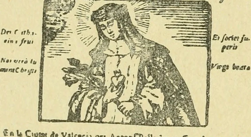 An illustration from Bibliografía de la lengua valenciana : o sea catálogo razonado por orden alfabético de autores de los libros, folletos, obras dramáticas, periódicos, coloquios, coplas, chistes, discursos, romances, alocuciones, cantares, gozes, etc., que escritos en lengua valenciana y bilingüe, han visto la luz pública desde el establecimiento de la imprenta en España hasta nuestros días, 1915, leaf 610