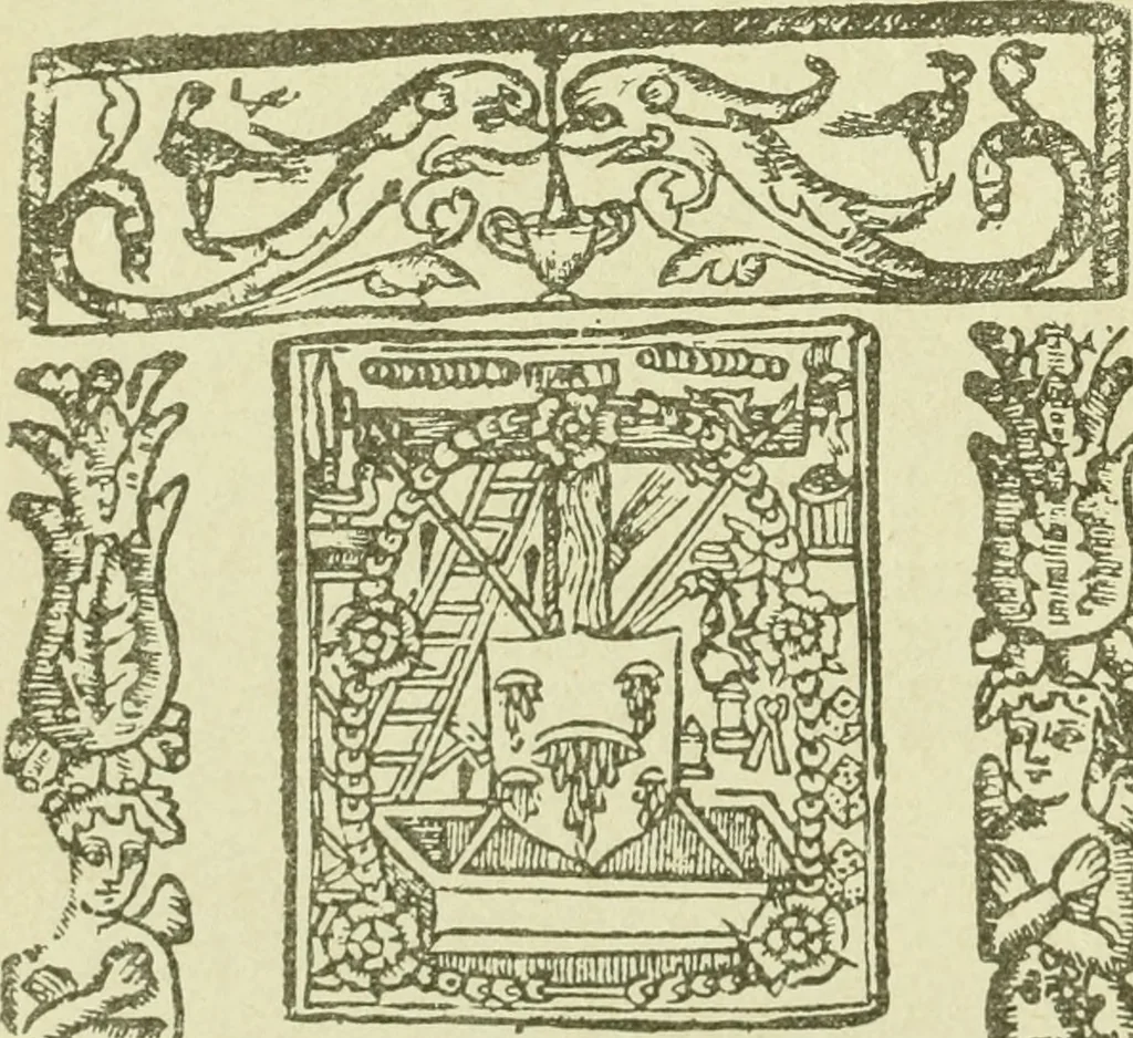 An illustration from Bibliografía de la lengua valenciana : o sea catálogo razonado por orden alfabético de autores de los libros, folletos, obras dramáticas, periódicos, coloquios, coplas, chistes, discursos, romances, alocuciones, cantares, gozes, etc., que escritos en lengua valenciana y bilingüe, han visto la luz pública desde el establecimiento de la imprenta en España hasta nuestros días, 1915, leaf 70
