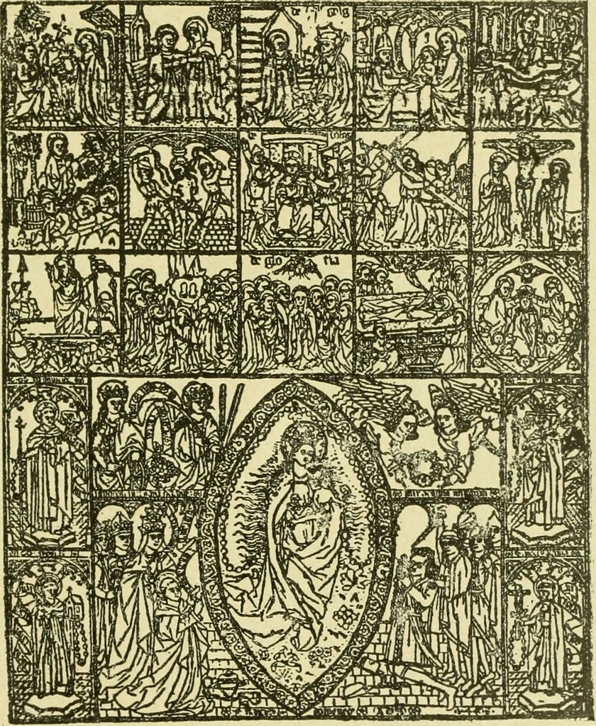 An illustration from Bibliografía de la lengua valenciana : o sea catálogo razonado por orden alfabético de autores de los libros, folletos, obras dramáticas, periódicos, coloquios, coplas, chistes, discursos, romances, alocuciones, cantares, gozes, etc., que escritos en lengua valenciana y bilingüe, han visto la luz pública desde el establecimiento de la imprenta en España hasta nuestros días, 1915, leaf 73