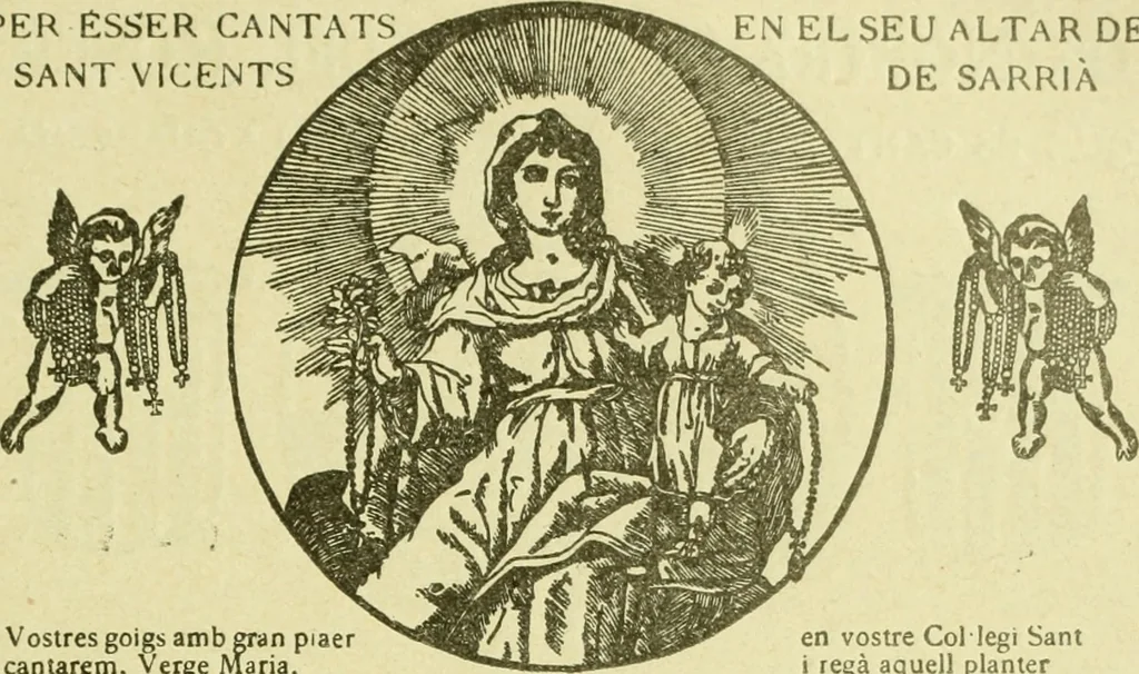 An illustration from Bibliografía de la lengua valenciana : o sea catálogo razonado por orden alfabético de autores de los libros, folletos, obras dramáticas, periódicos, coloquios, coplas, chistes, discursos, romances, alocuciones, cantares, gozes, etc., que escritos en lengua valenciana y bilingüe, han visto la luz pública desde el establecimiento de la imprenta en España hasta nuestros días, 1915, leaf 97