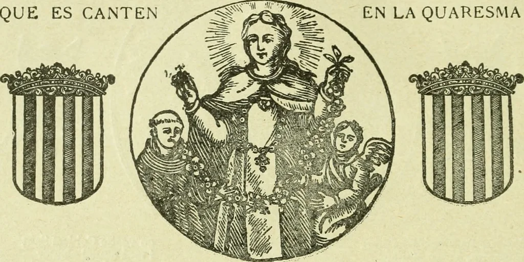 An illustration from Bibliografía de la lengua valenciana : o sea catálogo razonado por orden alfabético de autores de los libros, folletos, obras dramáticas, periódicos, coloquios, coplas, chistes, discursos, romances, alocuciones, cantares, gozes, etc., que escritos en lengua valenciana y bilingüe, han visto la luz pública desde el establecimiento de la imprenta en España hasta nuestros días, 1915, leaf 98