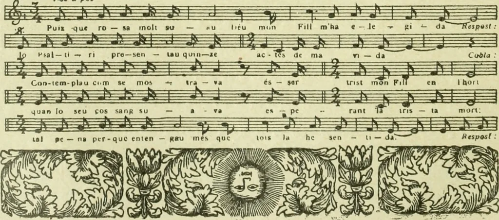 An illustration from Bibliografía de la lengua valenciana : o sea catálogo razonado por orden alfabético de autores de los libros, folletos, obras dramáticas, periódicos, coloquios, coplas, chistes, discursos, romances, alocuciones, cantares, gozes, etc., que escritos en lengua valenciana y bilingüe, han visto la luz pública desde el establecimiento de la imprenta en España hasta nuestros días, 1915, leaf 98